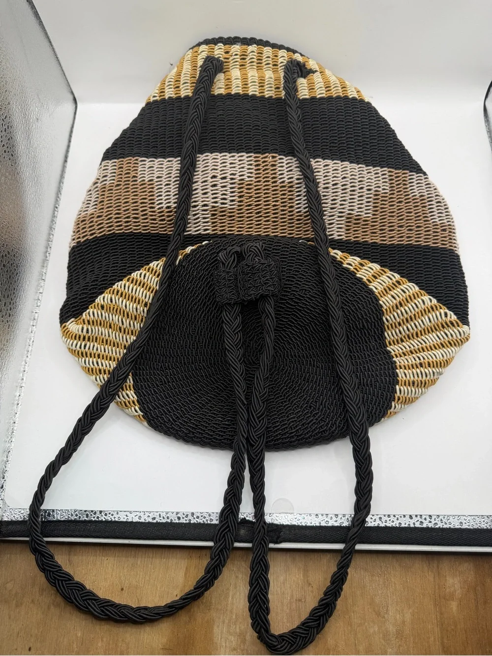 Woven Colorblock Backpack Black Tan Cream Boho Drawstring Bag